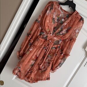 Luxxel Coral Floral Tie-Waist Ruffle Mini Dress